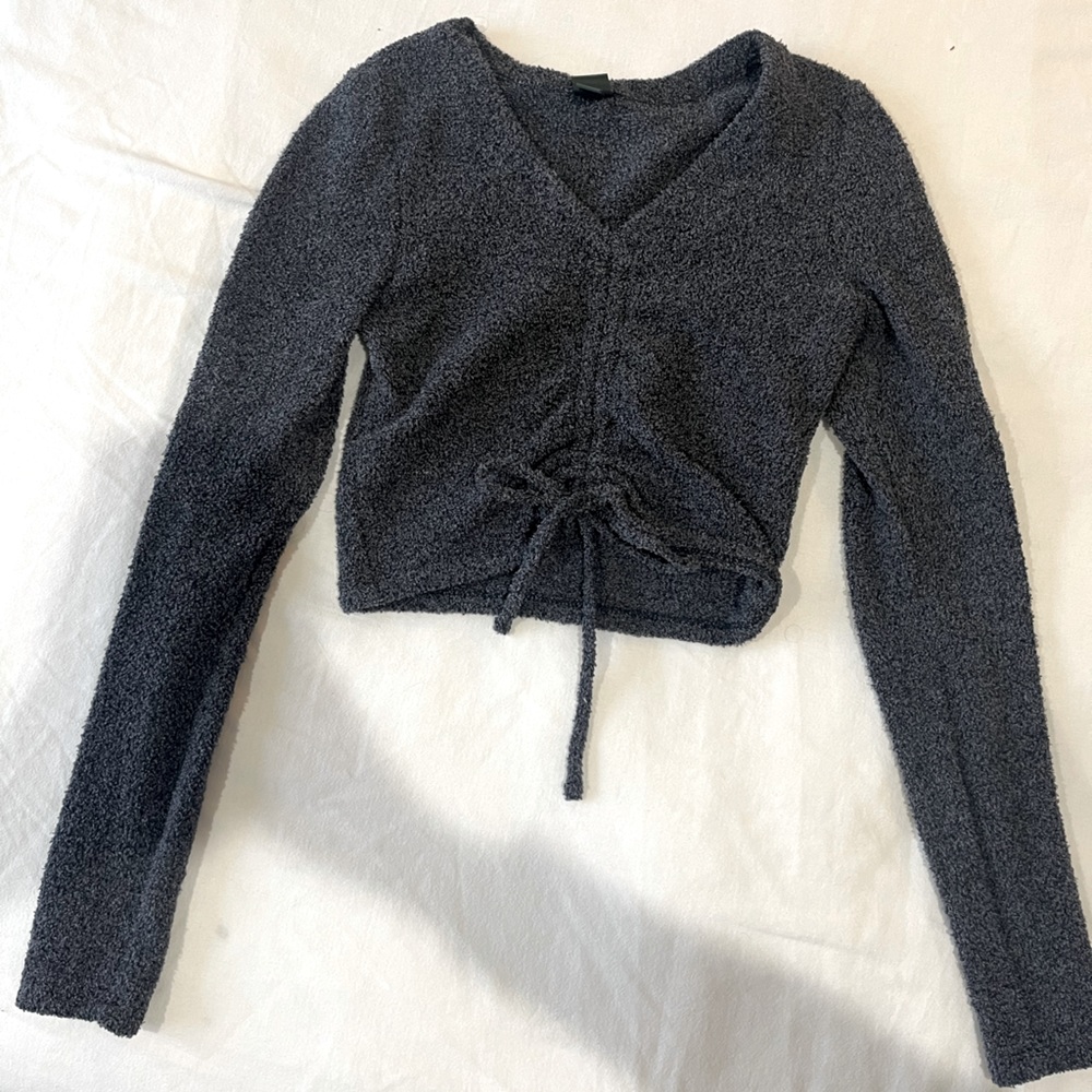 Wild Fable dark gray fuzzy long sleeve crop top with tie bow